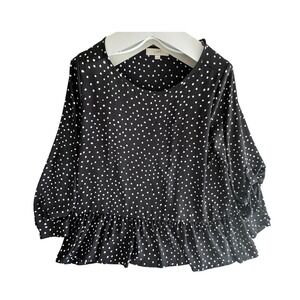 LOFT Polka Dot Peplum Blouse Black White Roll Tab Sleeve Large